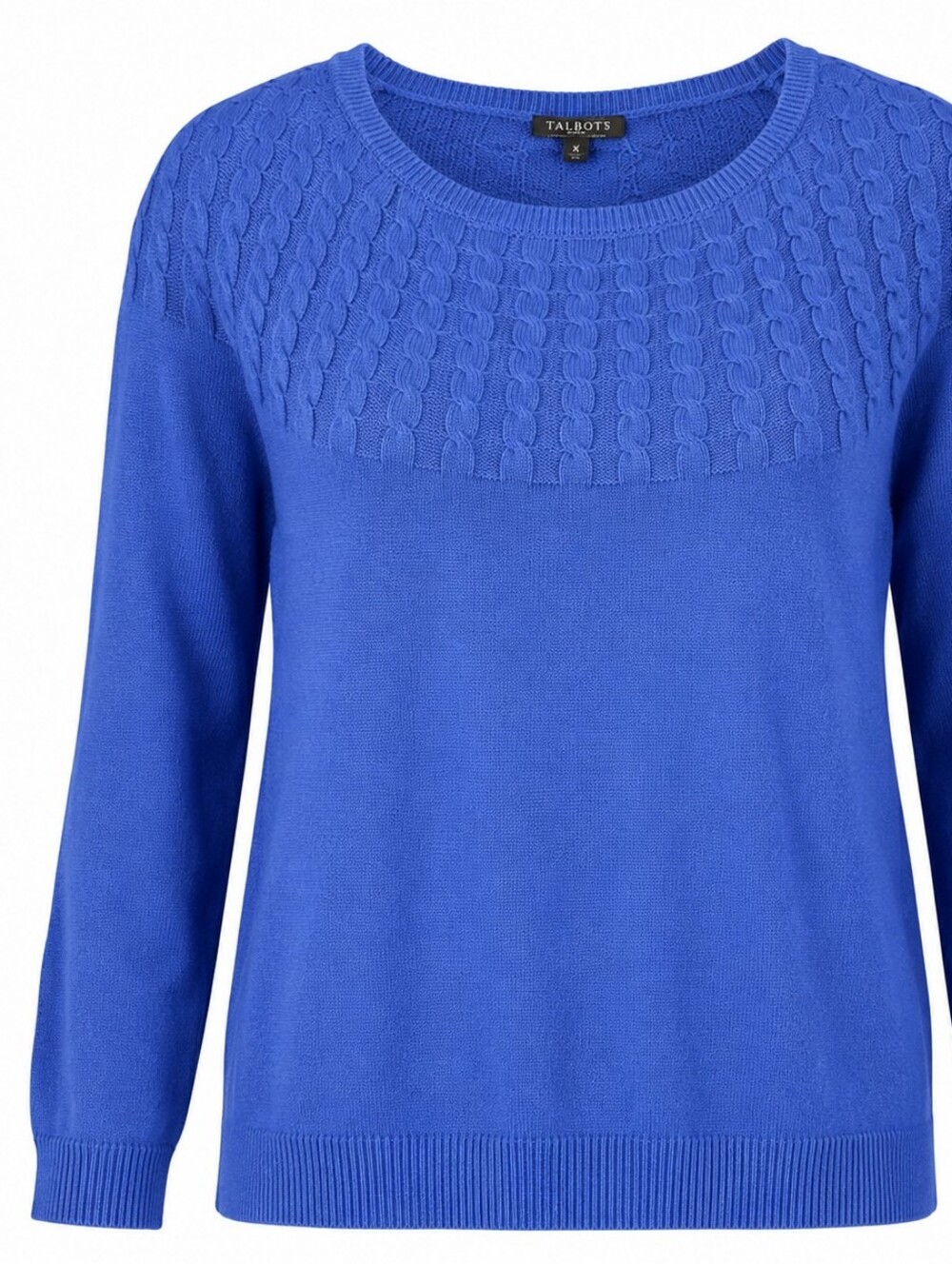 TALBOTS | Royal Blue Crew Neck Cable Knit Yoke Cotton Cashmere Blend Sweater | L